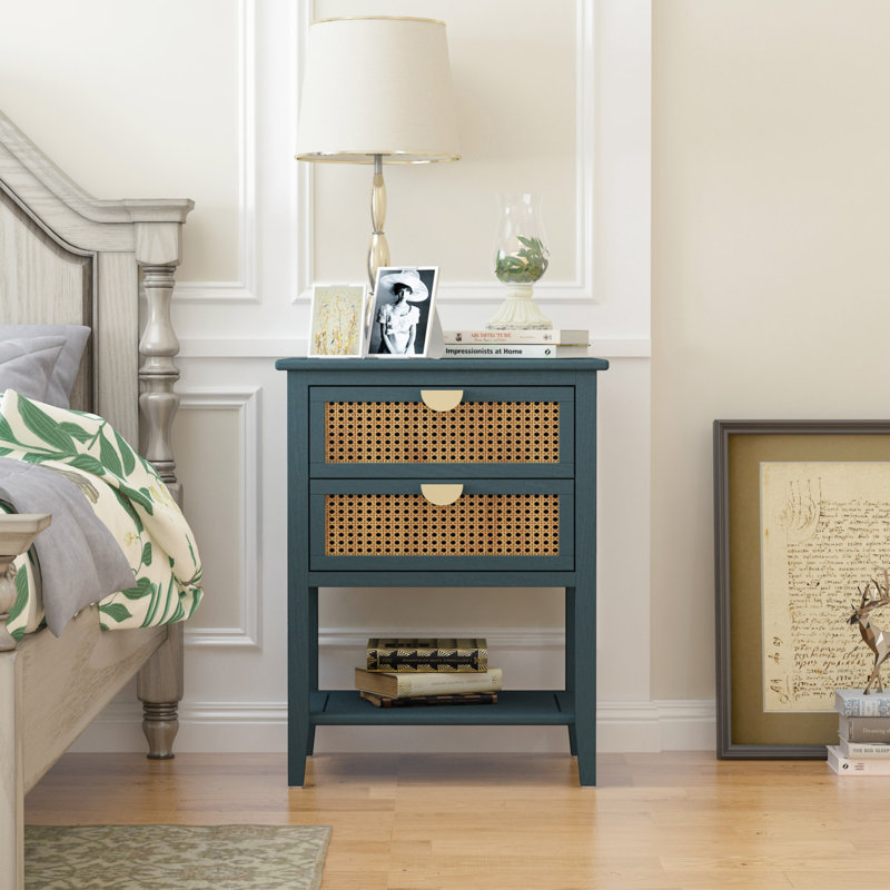 Bay Isle Home Clyne Wood Side Table with 2 Rattan Drawers Modern Nightstand End Table with Storage Shelf Wayfair